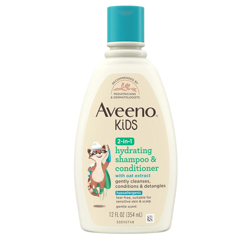 Aveeno Kids 2-In-1 Hydrating Shampoo & Conditioner, Gently Cleanses, Conditions & Detangles Kids Hair, Formulated with Oat Extract, for Sensitive Skin & Scalp, Hypoallergenic, 12 Fl. Oz