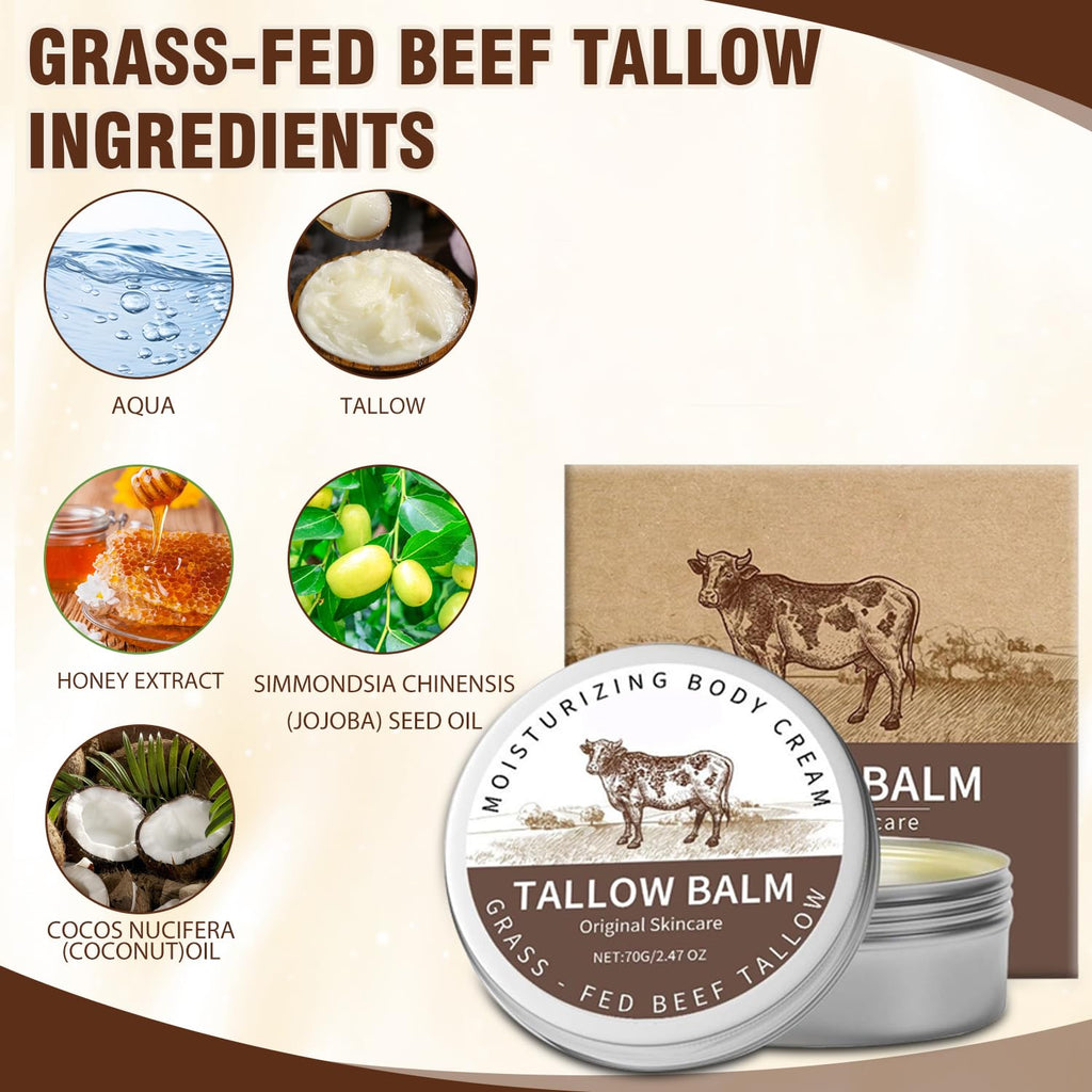 Beef Tallow for Skin, Tallow and Honey Balm, Natural Moisturizer Body Cream, Natural Organic Grass Fed Beef Tallow for Body Moisturizer Skin Care for Sensitive Skin