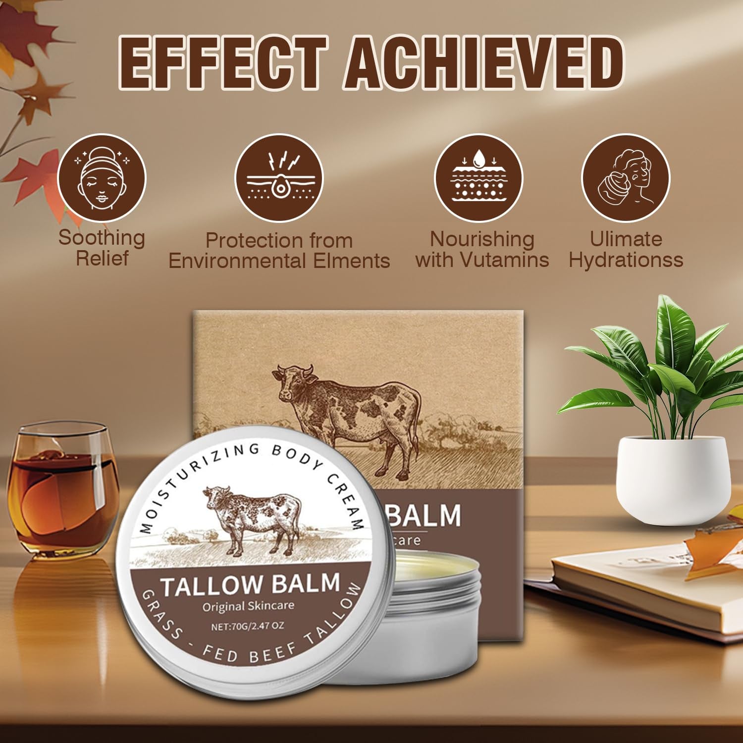 Beef Tallow for Skin, Tallow and Honey Balm, Natural Moisturizer Body Cream, Natural Organic Grass Fed Beef Tallow for Body Moisturizer Skin Care for Sensitive Skin