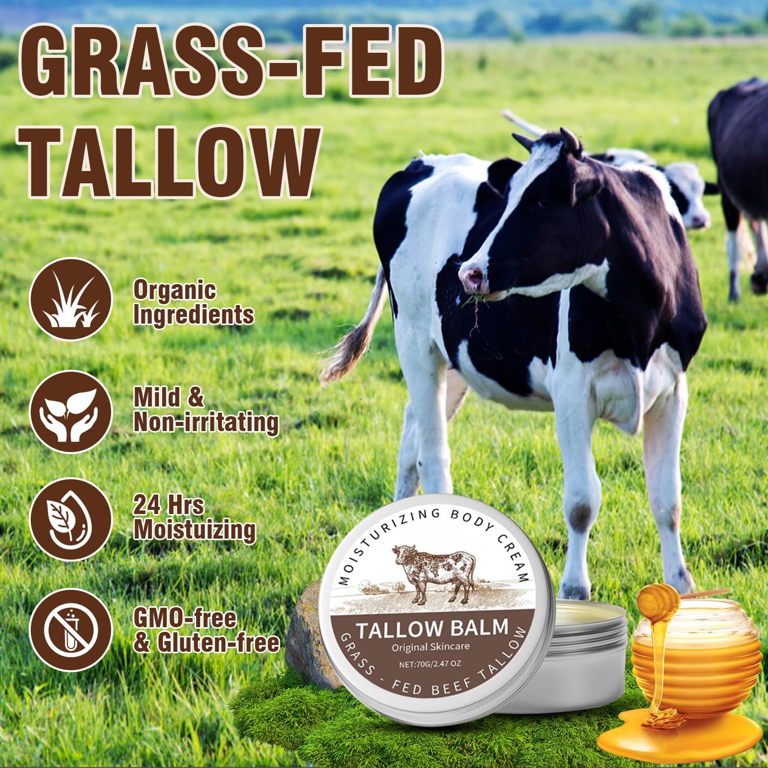 Beef Tallow for Skin, Tallow and Honey Balm, Natural Moisturizer Body Cream, Natural Organic Grass Fed Beef Tallow for Body Moisturizer Skin Care for Sensitive Skin